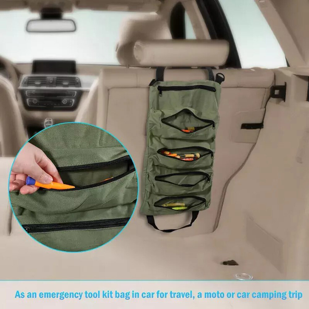 Multi-Purpose Tool Roll Up Bag 5 Pocket Wrench Pouch Canvas Hanging Organizer US