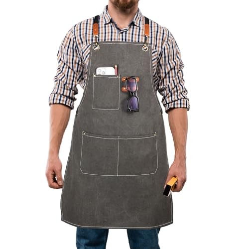 Men’s Canvas Tool Apron, Heavy Duty Multi-Pocket Work Apron for Dark Grey