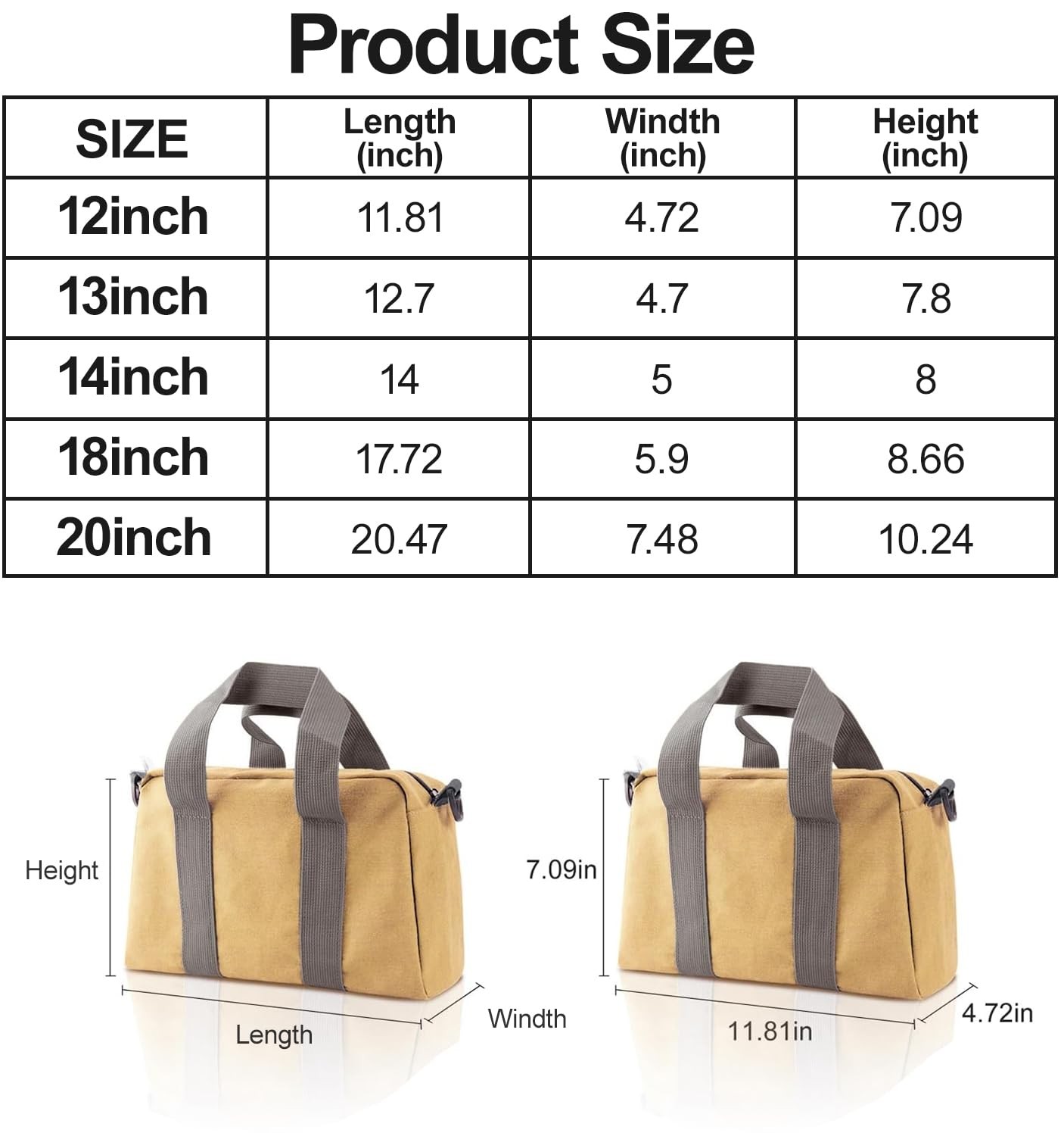 Small Tool Bag, Canvas Storage Large Capacity 18 inch, khaki