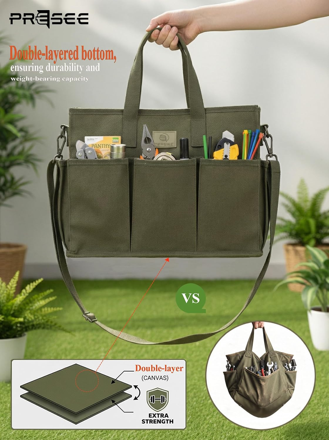 Heavy Duty Canvas Gardening Tote Bag with Pockets, Large Capacity Tool Organizer