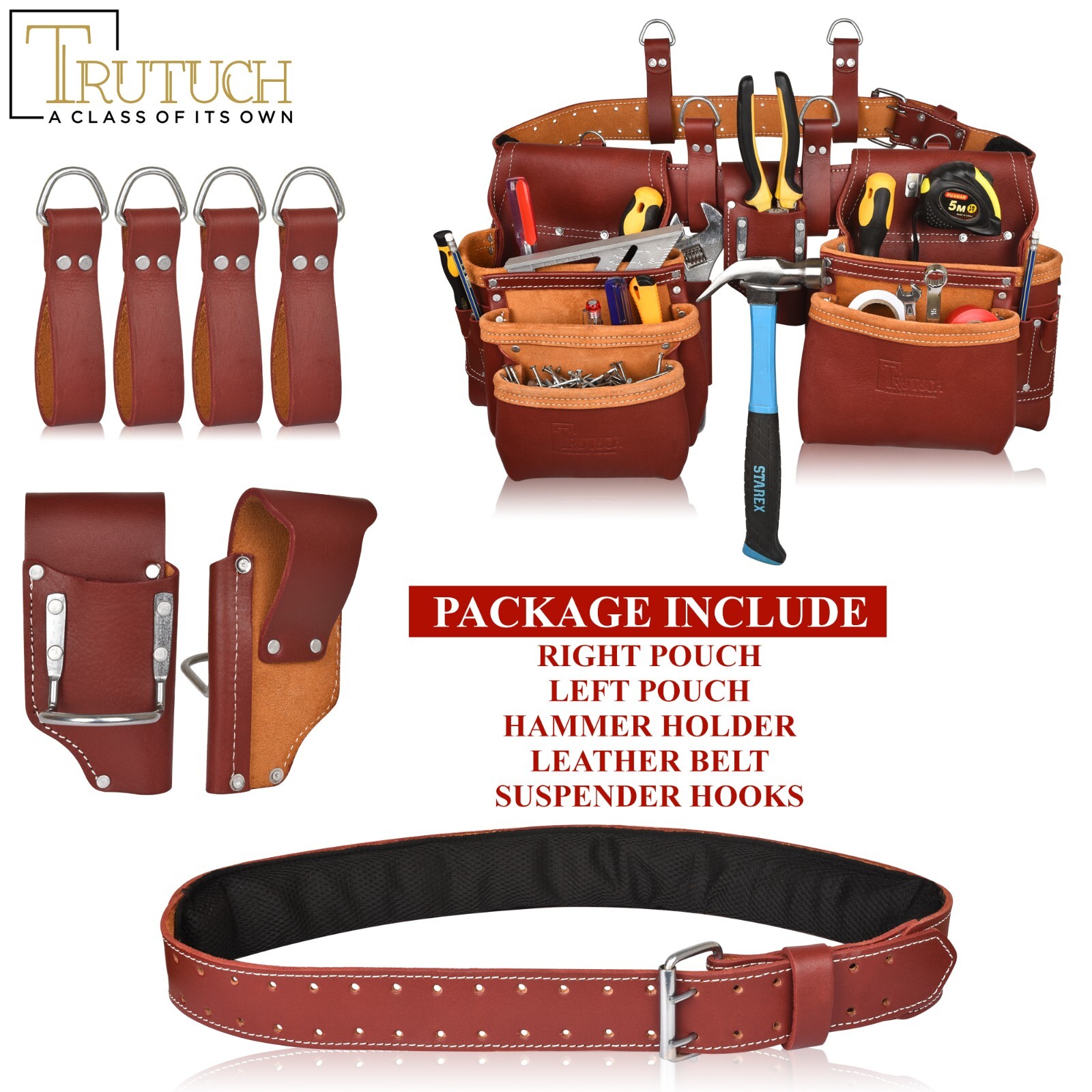 Trutuch Maroon Leather Tool Belt with Suspender | Framers Tool Bag | Tool Belt