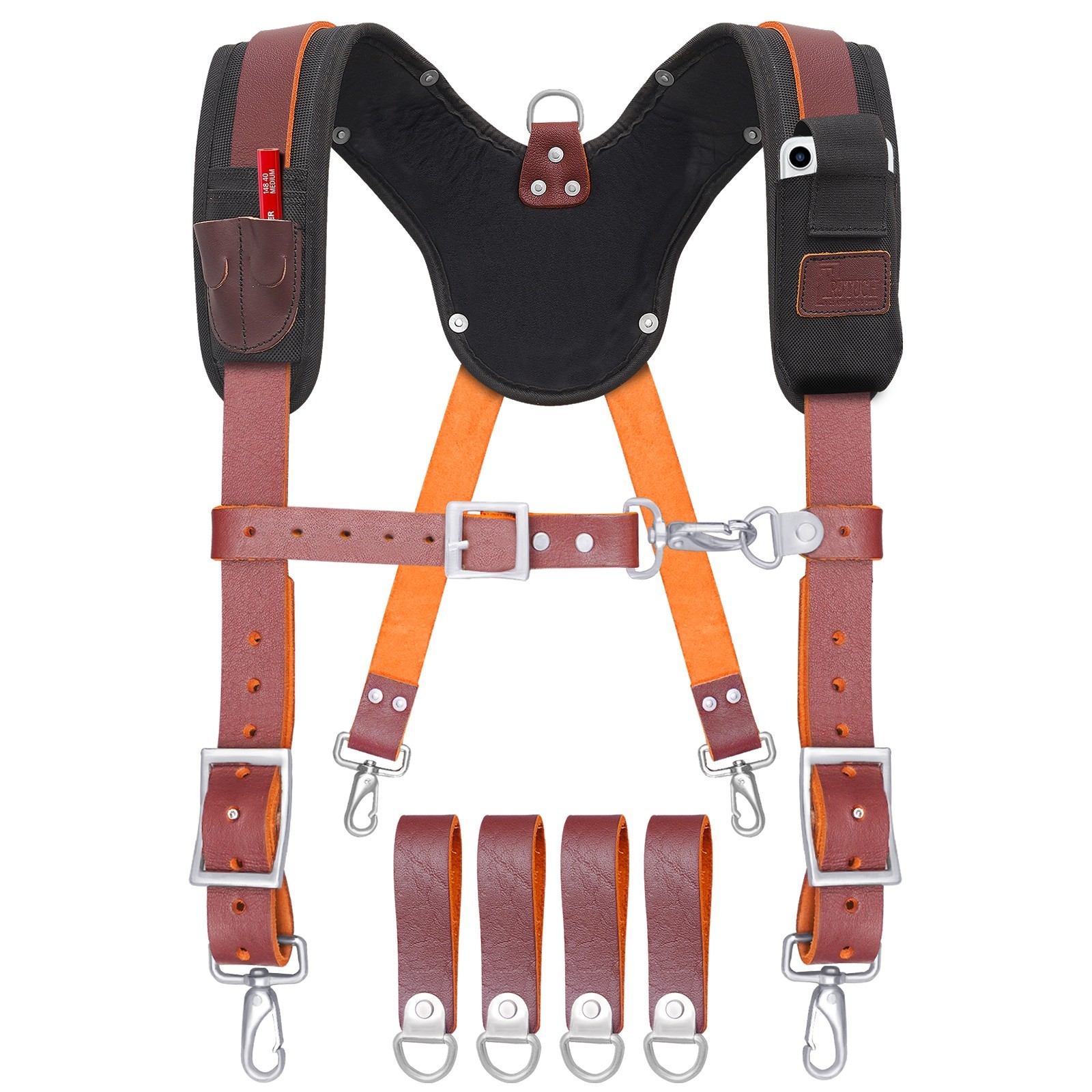Maroon Leather Work Suspender for Cell Phone Pocket | Tool Belt Suspenders