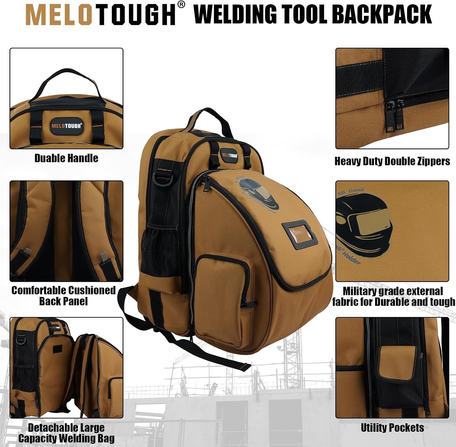 Luxury Brown Welding Tool Backpack with Detachable Helmet Bag & Large Capacity