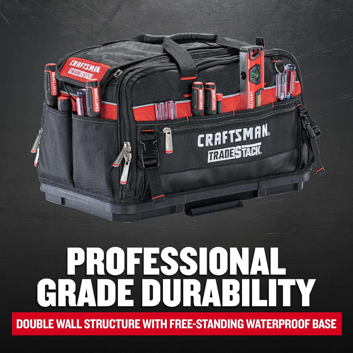 TRADESTACK Tool Bag, 22.5”, Durable Polyester, Black and Red (CMST21450)