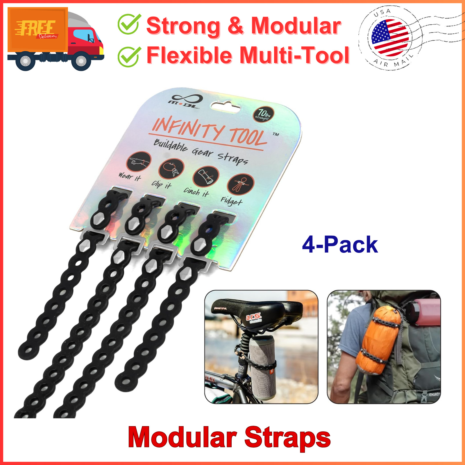 MODL Infinity Tool 2.0 Modular Straps (4-Pack)- Flexible Multi-Tool, Gear Strap