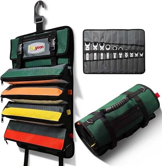 Heavy Duty Roll Up Tool Bag Oxford Fabric Waterproof 4 Detachable Pouches