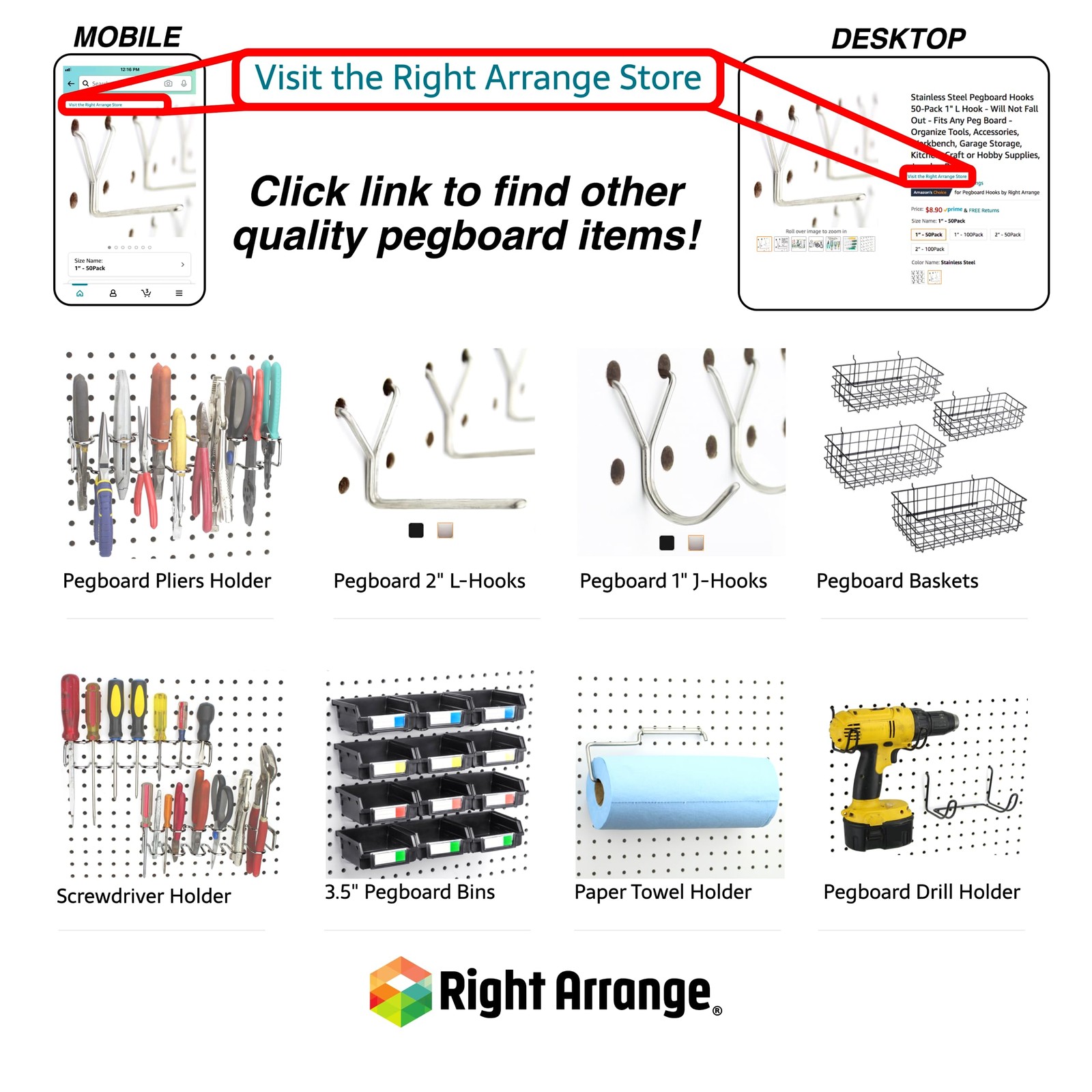 Right Arrange Pegboard Bins – 12 Pack Black – 3.5 Inch (Pack of 12),