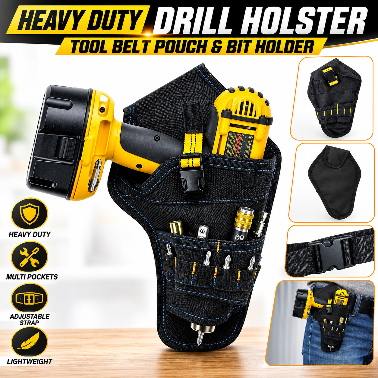 Heavy Duty Drill Holster Tool Belt Pouch Bit Holder Hanging Waist Bag Drill Tool