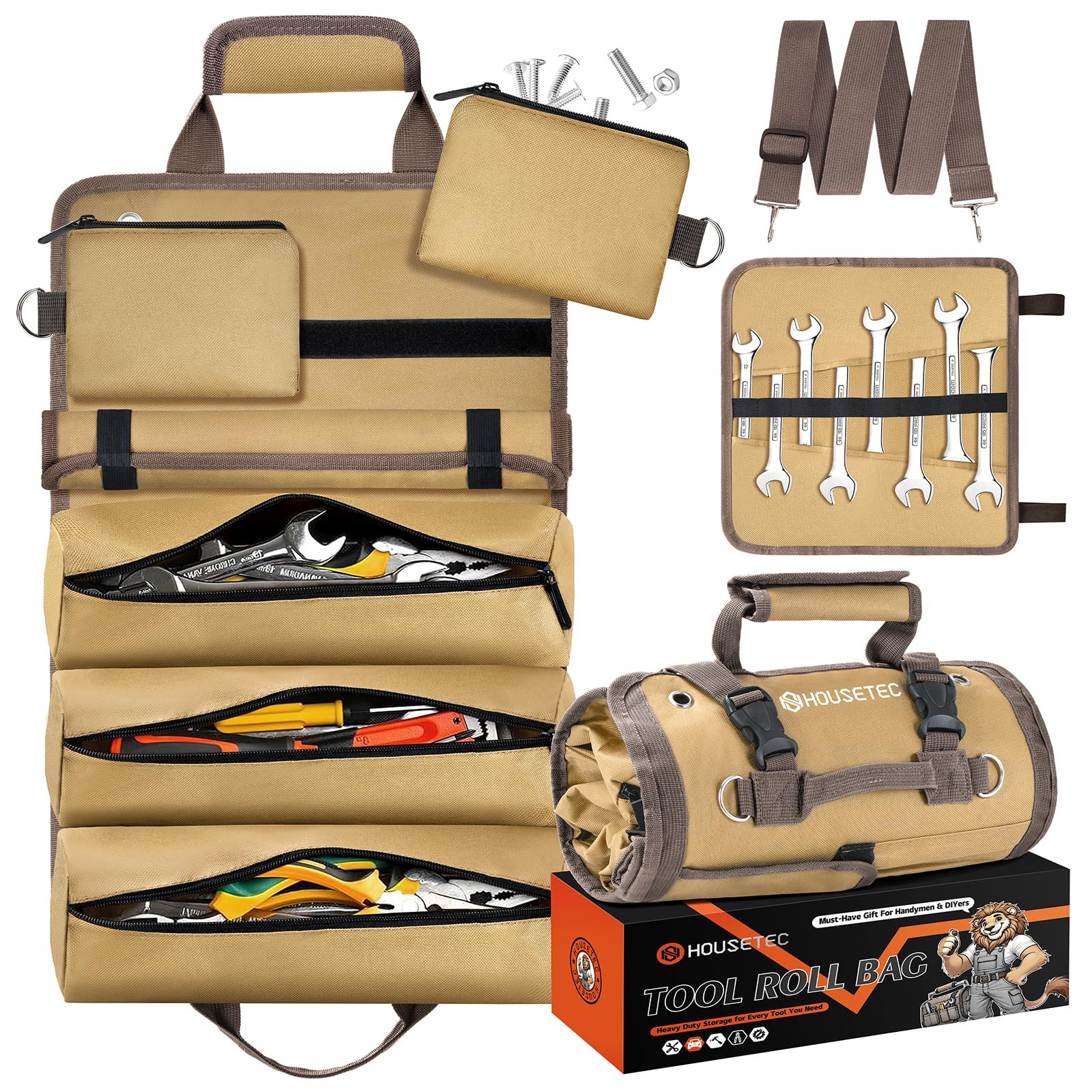 Roll Up Tool Bag Gifts For Men Heavy Duty Organizer 2 Detachable Pouches Khaki