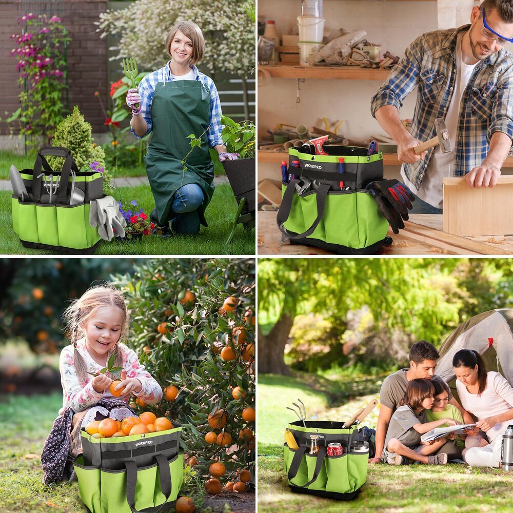 WORKPRO 8 Pockets Garden Tool Bag Waterproof Plastic Base for Indoor and Outdoor