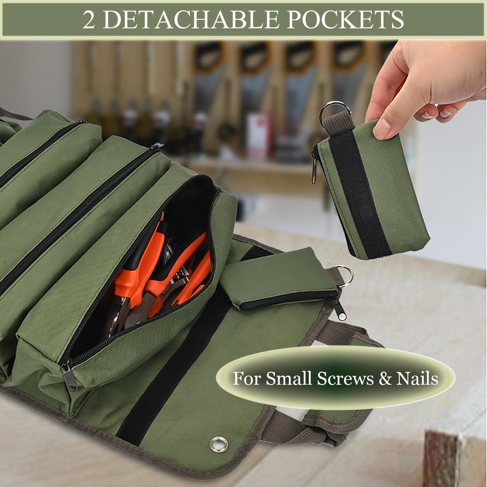 Roll Up Tool Bag Portable Folding Detachable Pouch Heavy Duty Storage Green