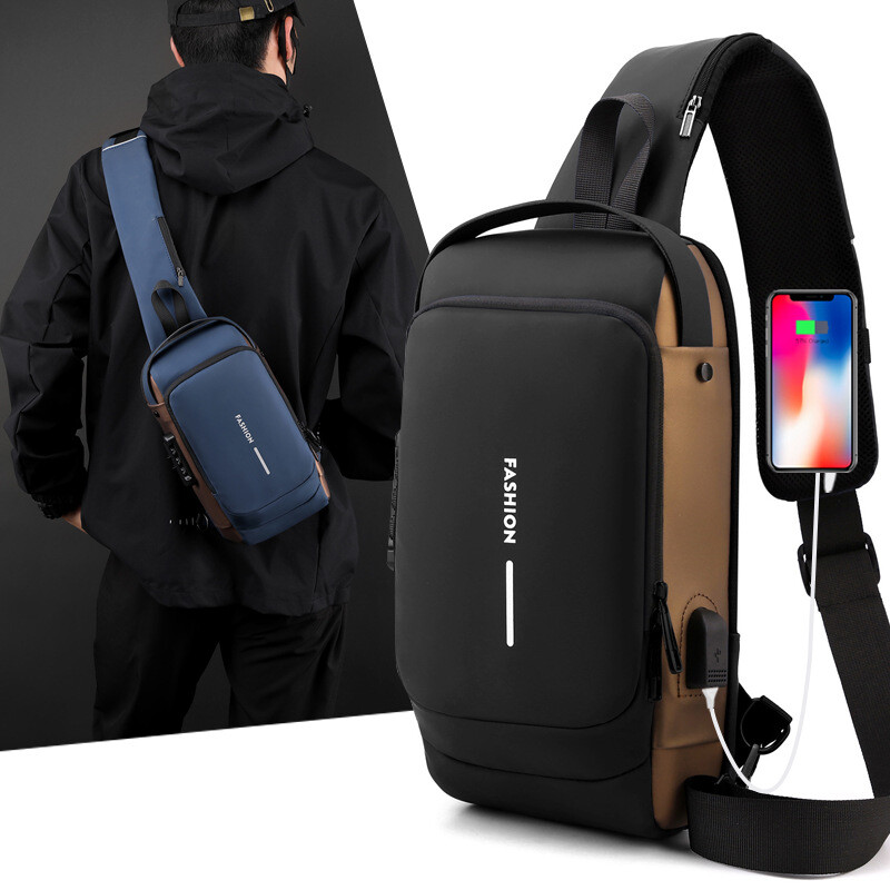 Men’s crossbody combination lock Anti-theft outdoor sports usb port chest bag