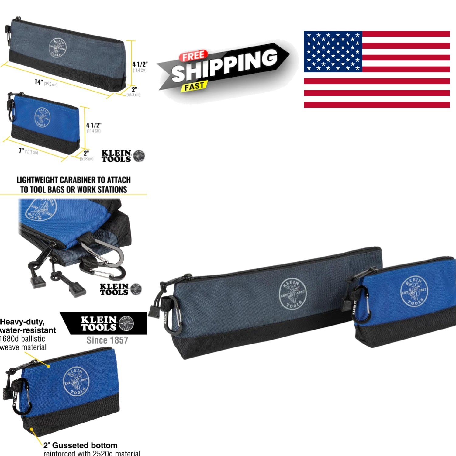 Utility Tool Pouch Set 14 Inch Gray and 7 Inch Blue Zipper Bags with Carabiners