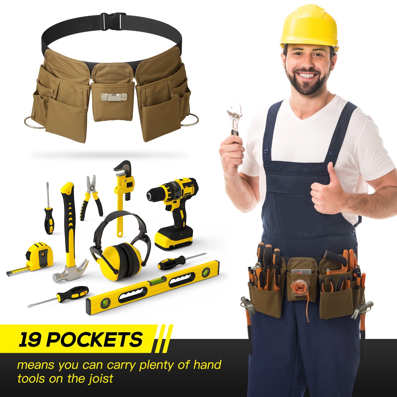 19 Pocket Tool Belts Quick Release Buckle Adjustable Work Apron Khaki