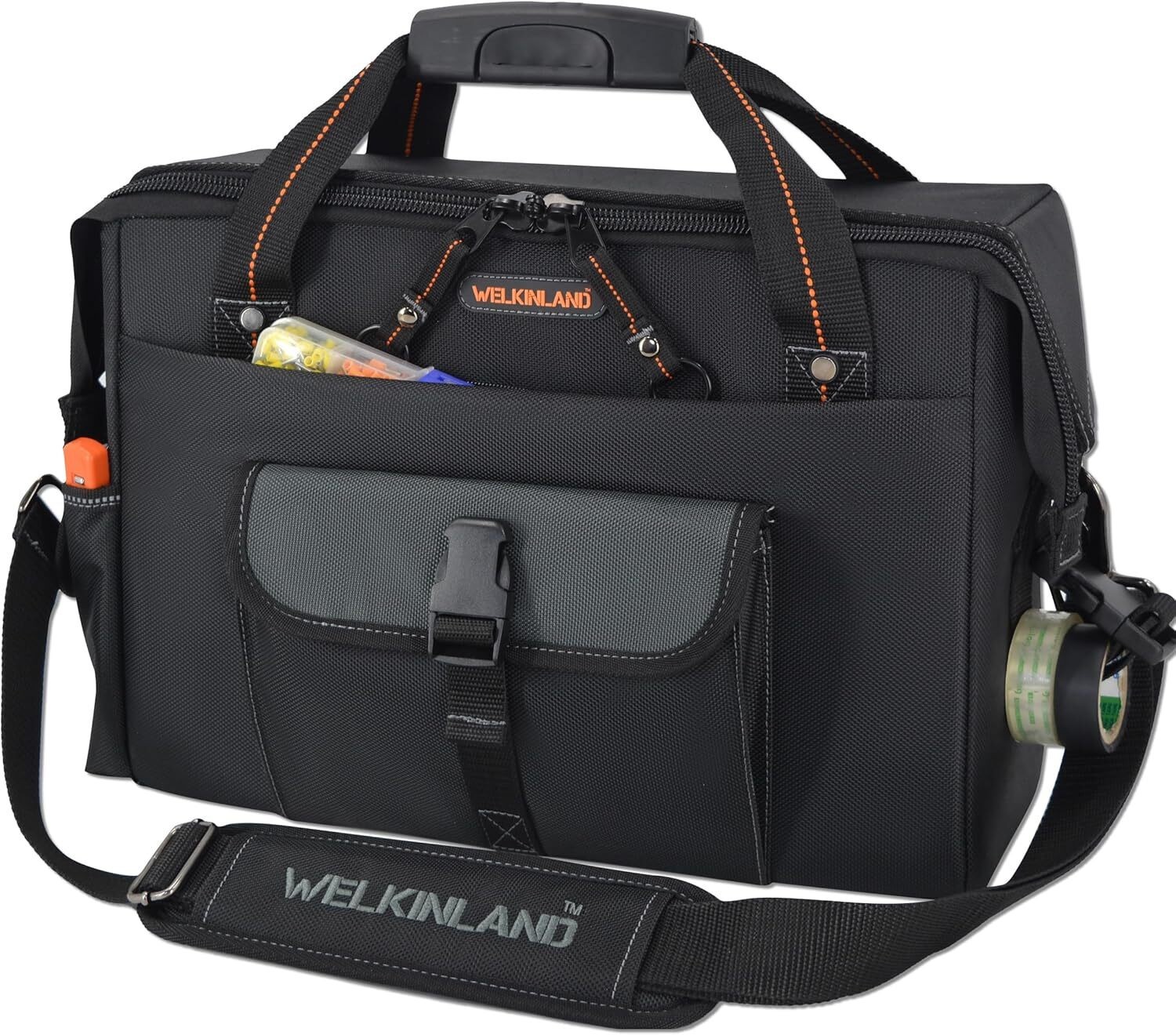 ✅ WELKINLAND 15-Pockets Electrician Tool Box Bag, Large – Open Black Orange ✅