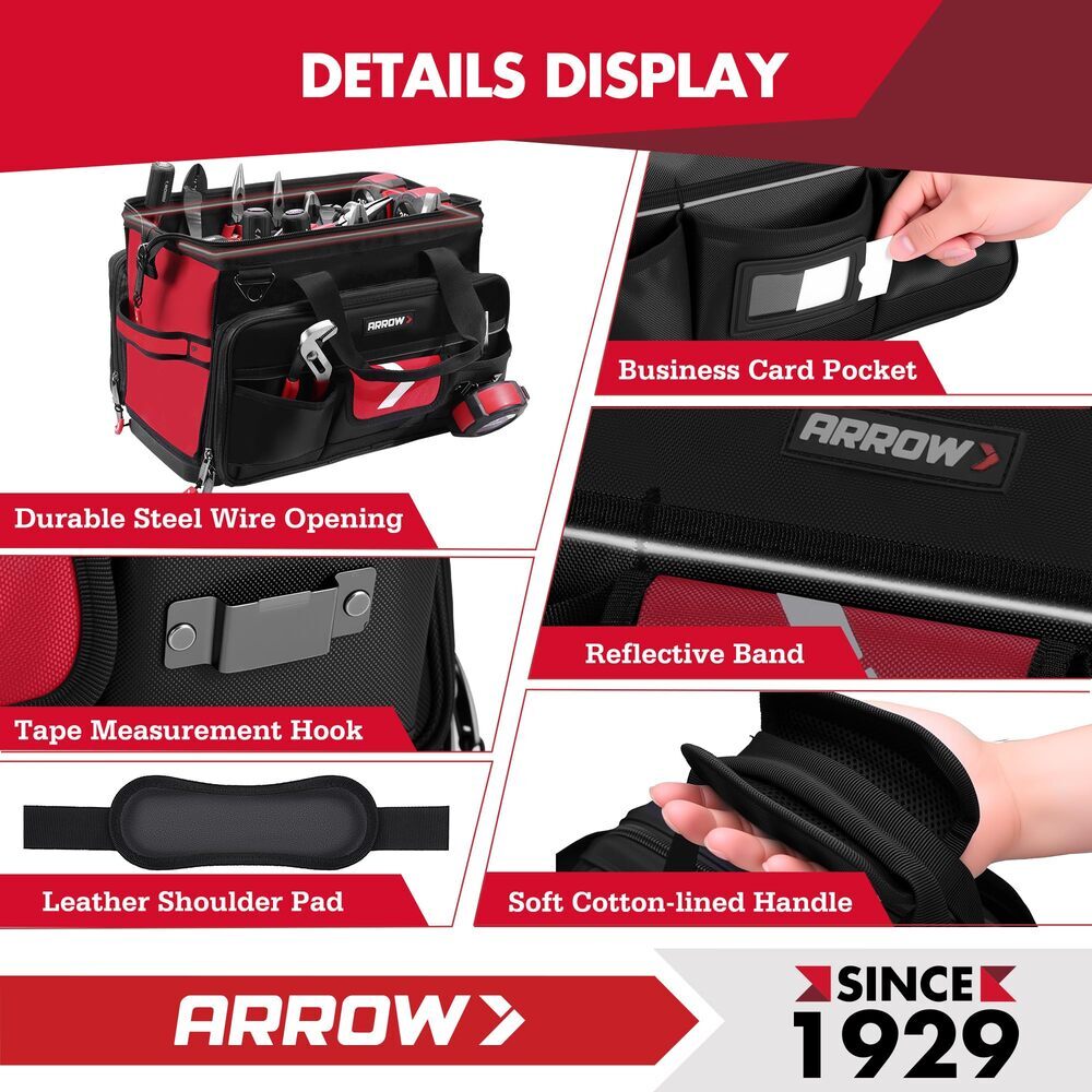 ARROW 17″ Large Tool Bag for Men Heavy Duty with Waterproof Hard Base 36 Pockets