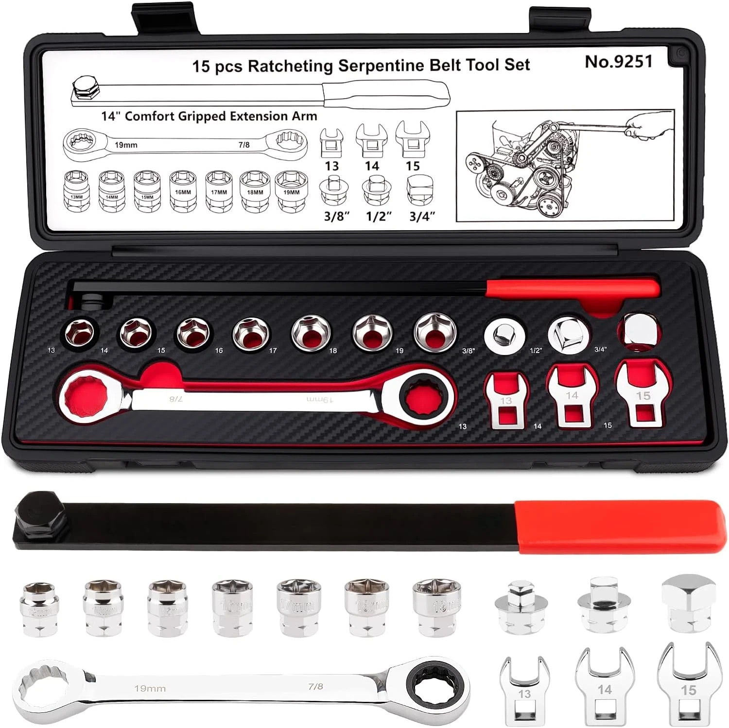 15PCS Serpentine Belt Tool Set, Professional Ratcheting Serpentine Belt Tensione