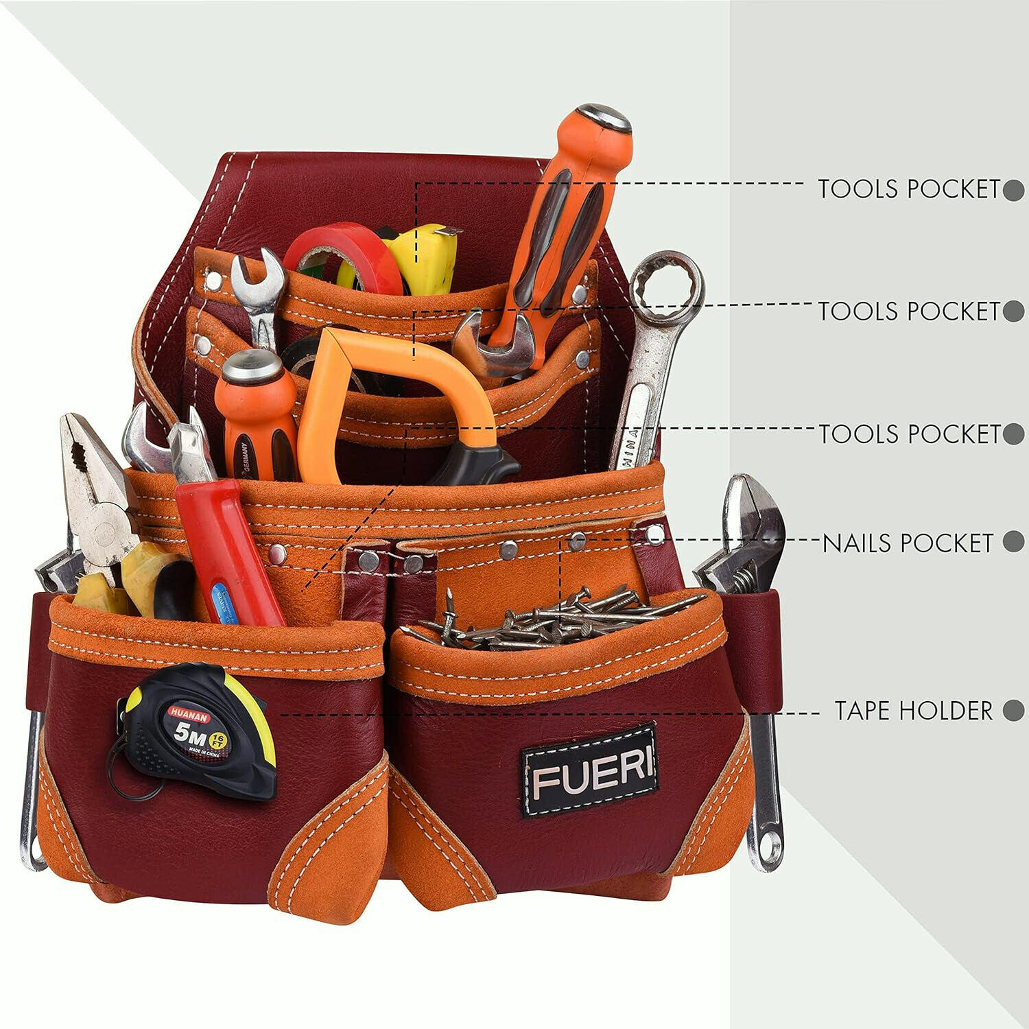 Leather Tool Pouch for Carpenters 5 Pocket Framer Belt Bag Lineman Electrician