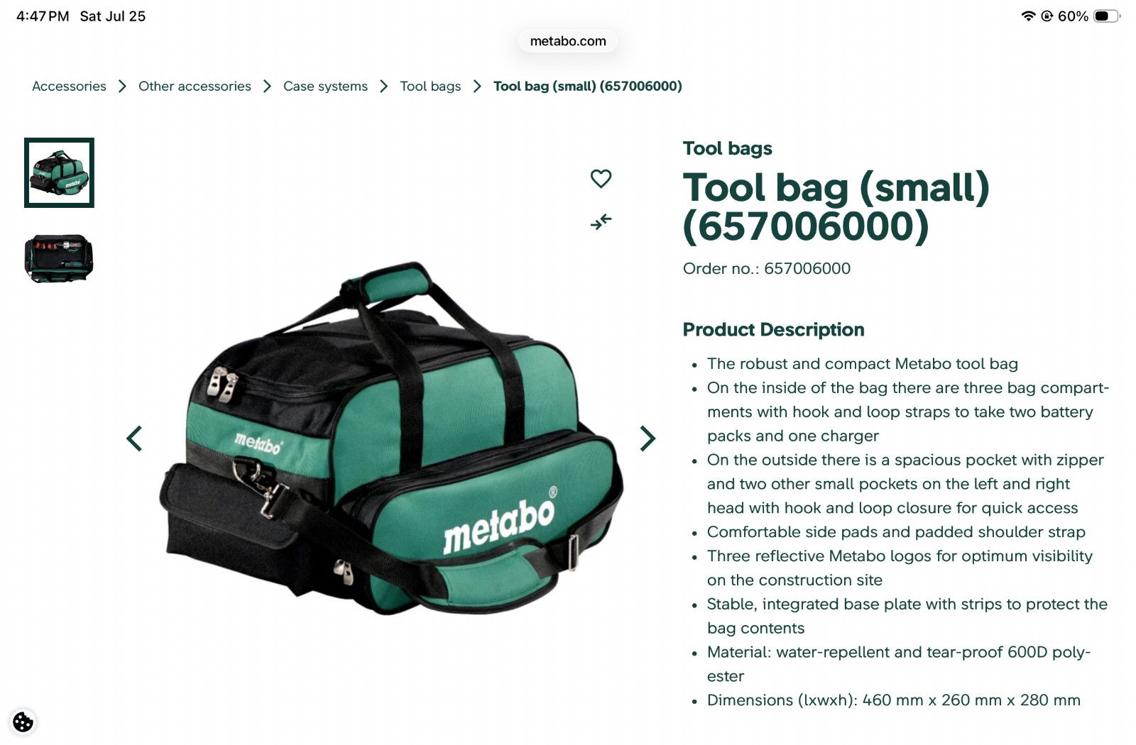 Metabo 657007006000 Accy. Tool Bag Size 12 x13 x18 Approximate Size