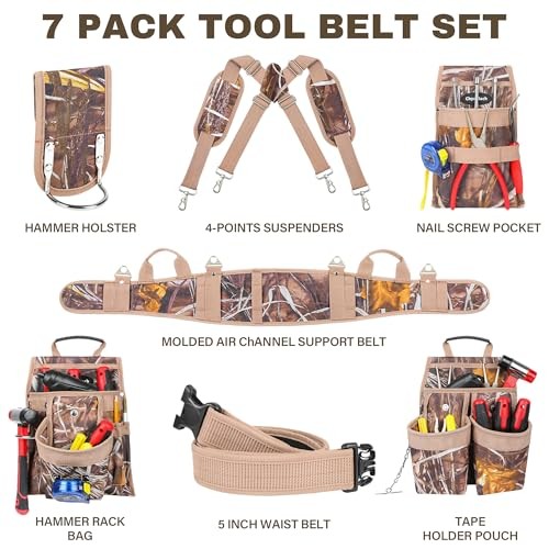 Chyaidach 16-Pockets Tool Belts for Men with Suspenders 7-Piece Framing Tool