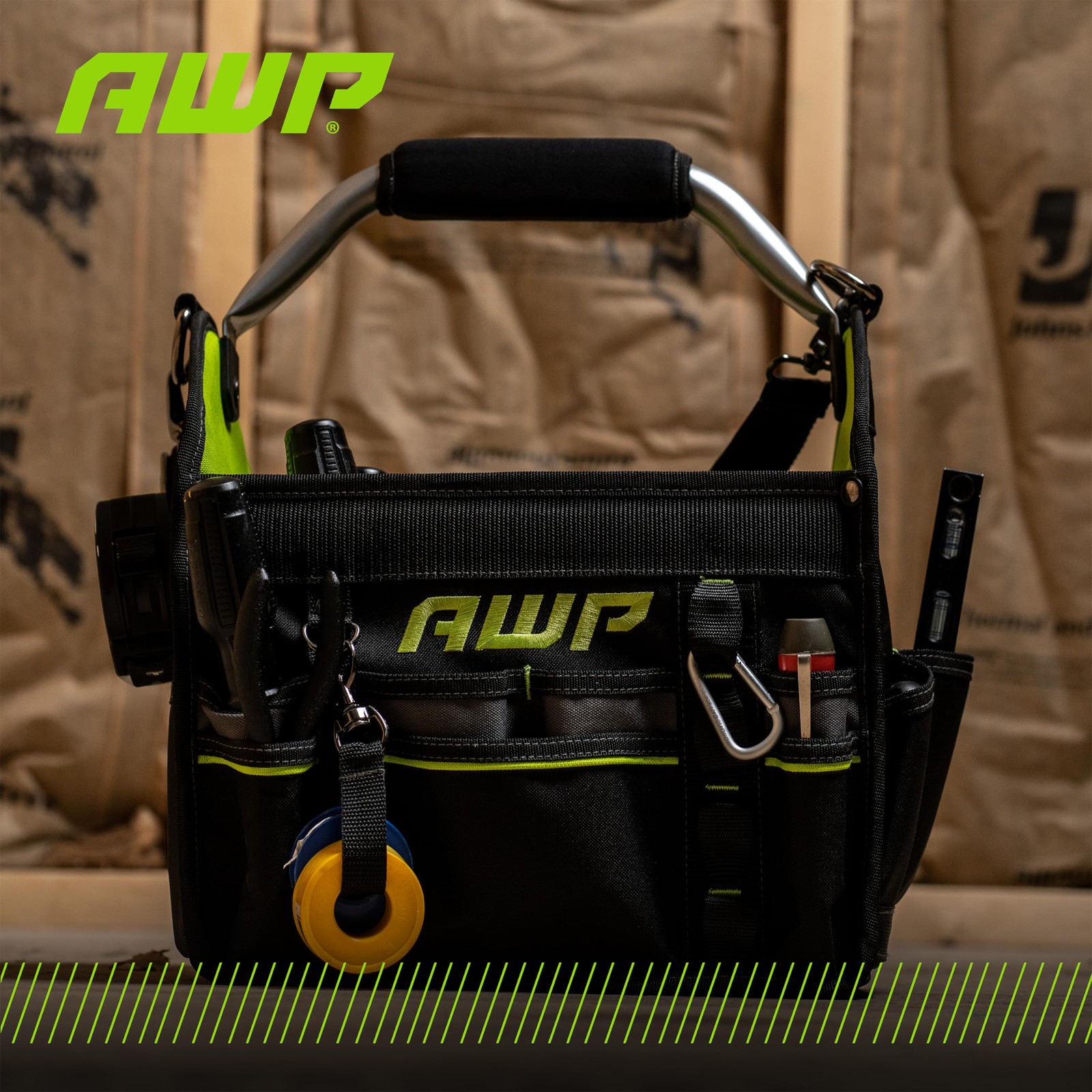 AWP 12 Inch Pro Tool Tote with Rotating Handle for Easy 12 Inch, Black