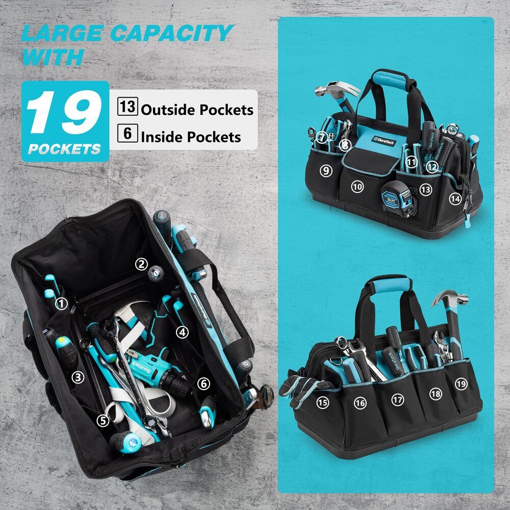 DURATECH 18″ Large Heavy Duty Tool Bag w/Zipper Waterproof Hard Bottom 19 Pocket