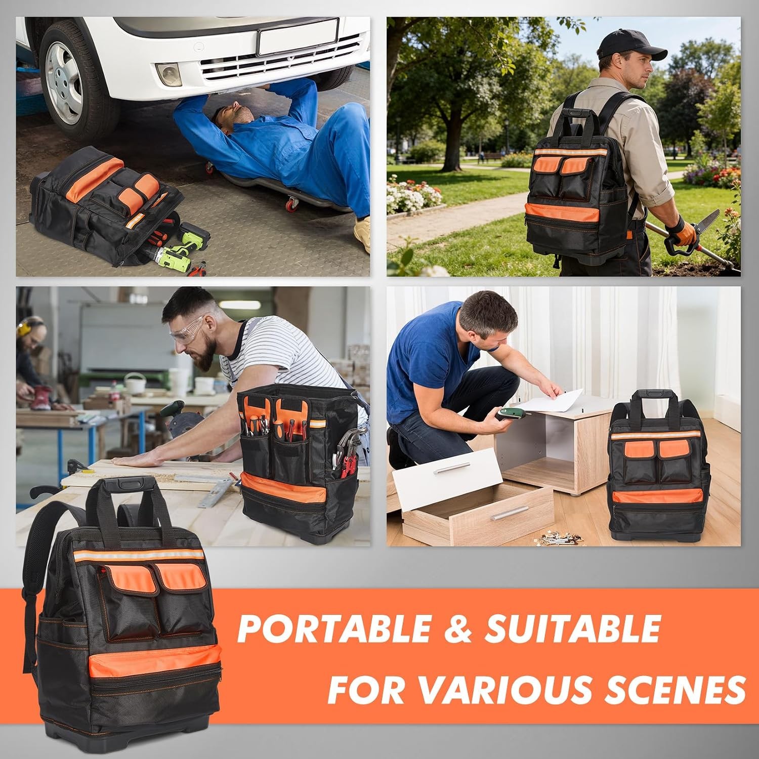 Heavy Duty Contractor Tool Backpack 17in Waterproof Oxford Bag Reinforced Base