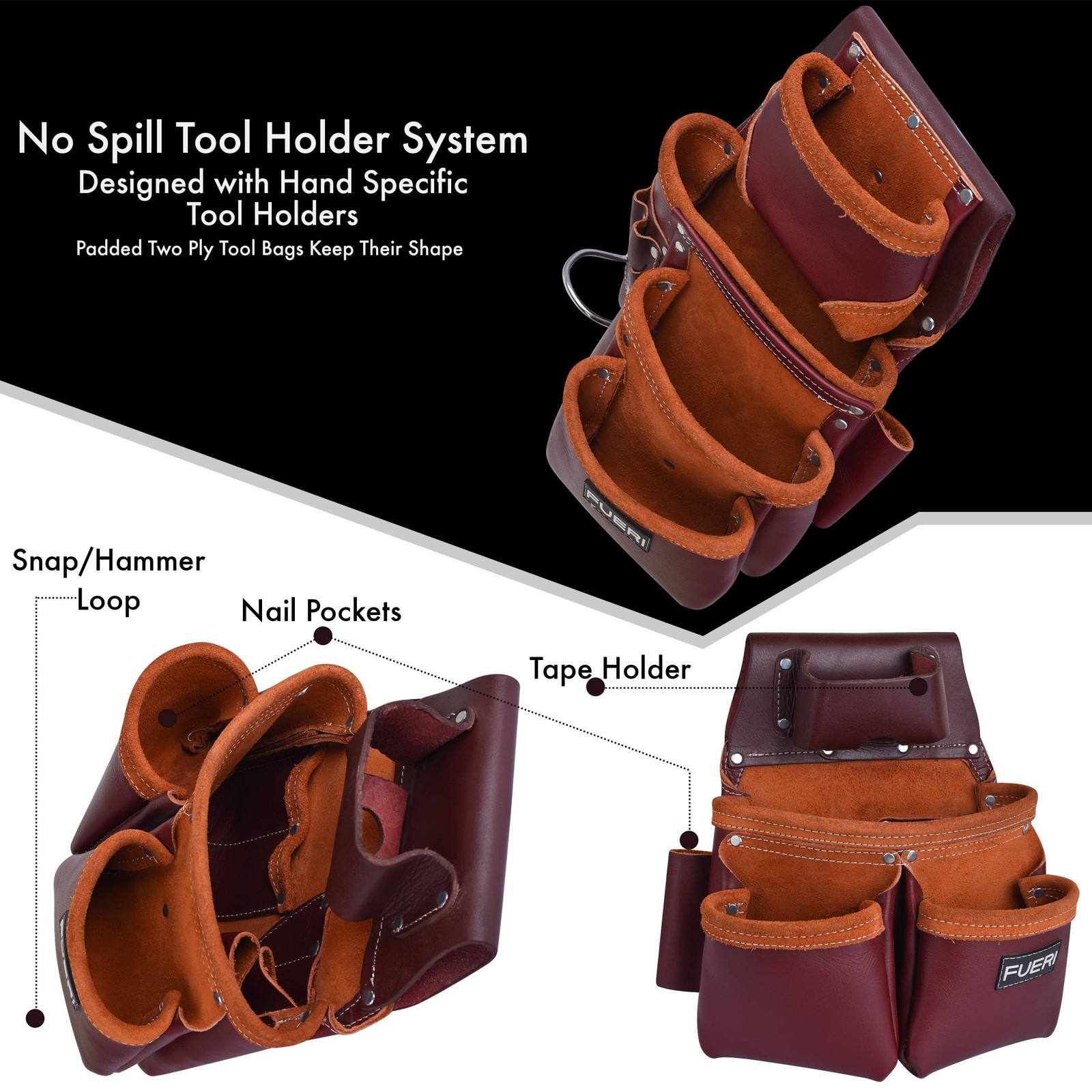 FUERI Leather Tool Belts for Men, Heavy-Duty Adjustable, Maroon Belt