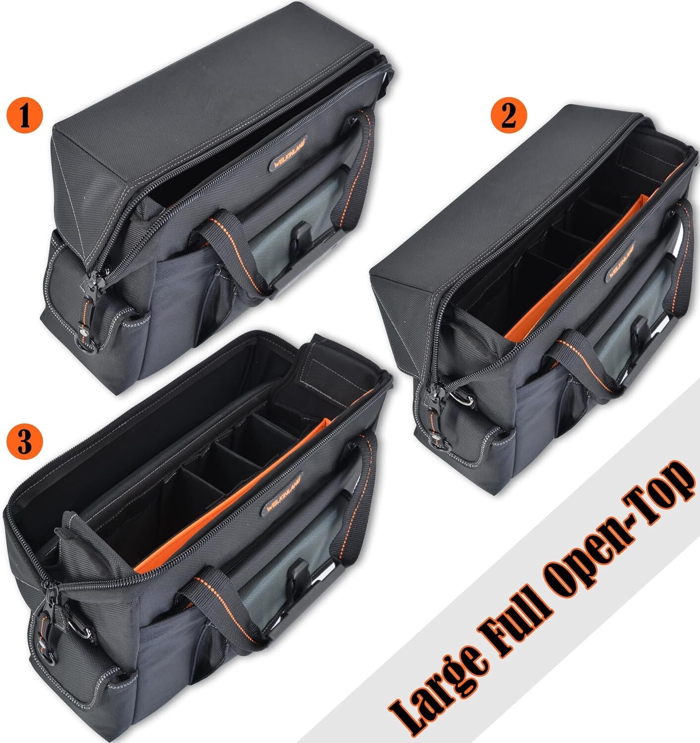 ✅ WELKINLAND 15-Pockets Electrician Tool Box Bag, Large – Open Black Orange ✅