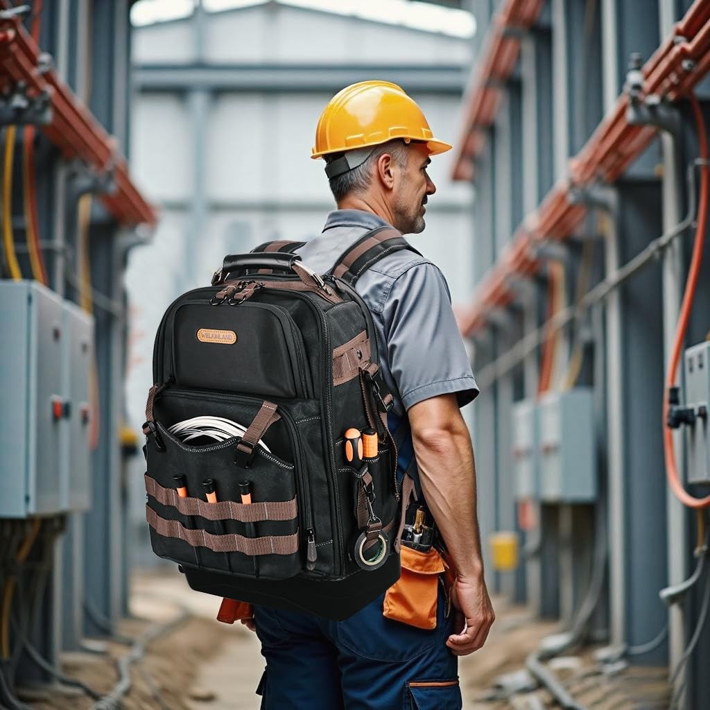 WELKINLAND 76Pockets Tool Backpack, Hard-Bottom Electrician Brown & Black