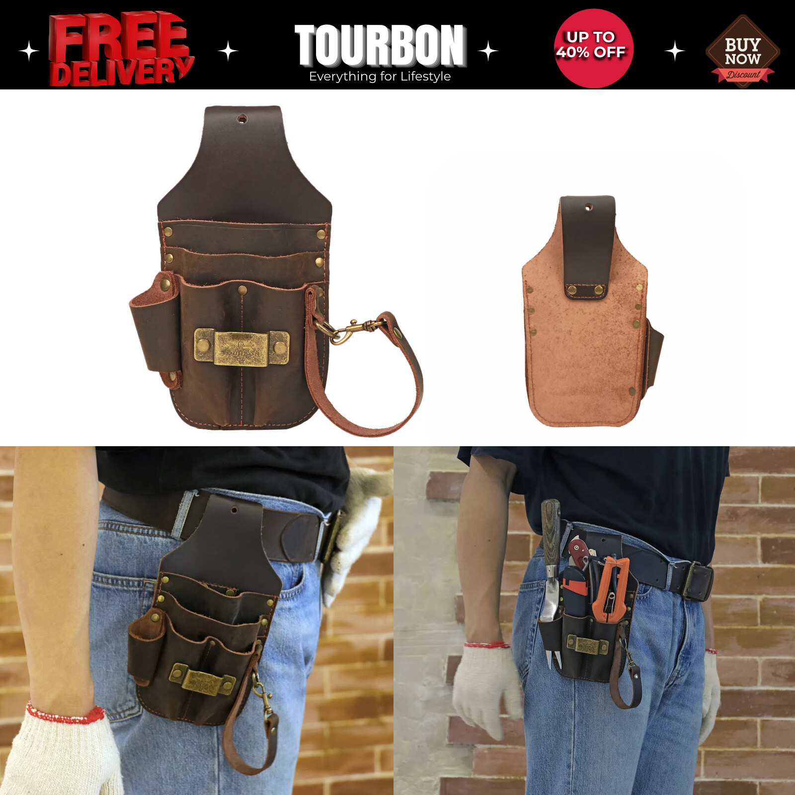 Tourbon Leather 5 in 1 Tool Holster Electric Tape Thong Carry Pouch Belt Holder