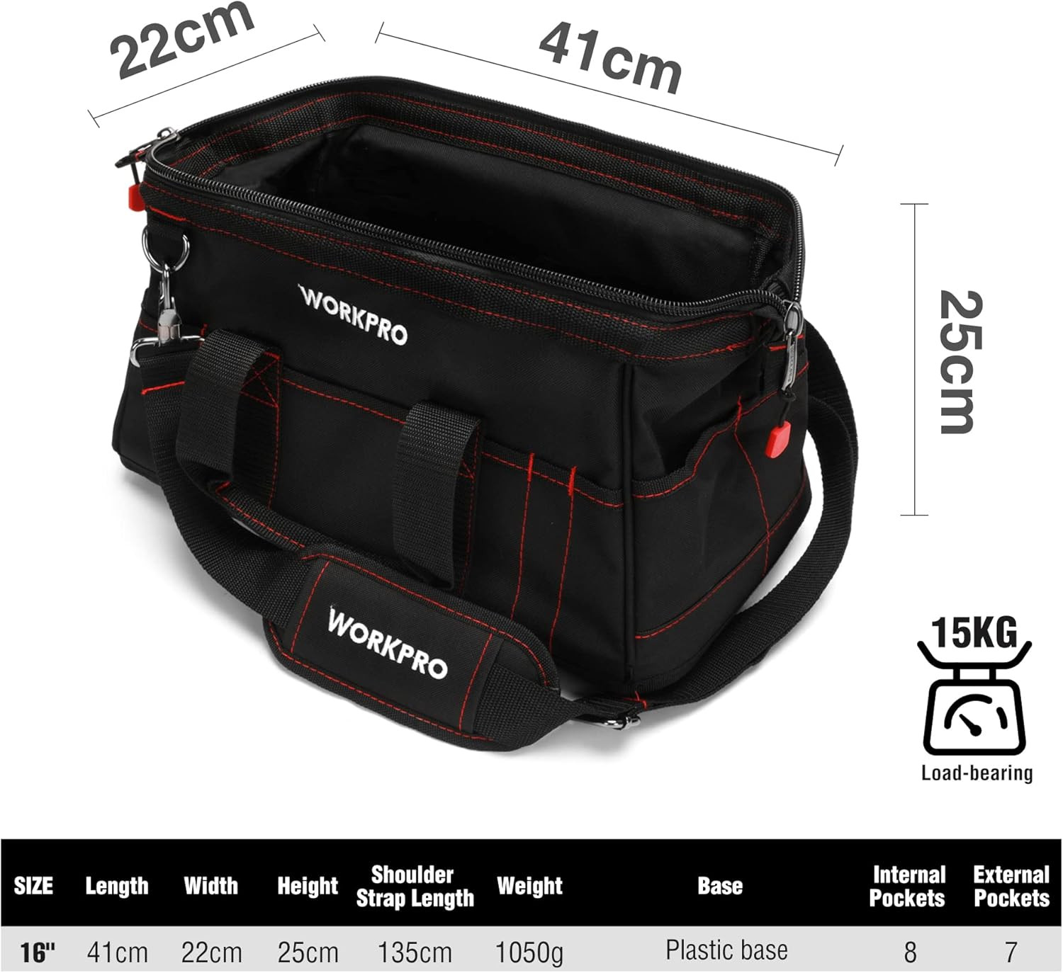 Bolsa de herramientas de boca ancha y tapa cerrada de 40,6 cm con base de goma i
