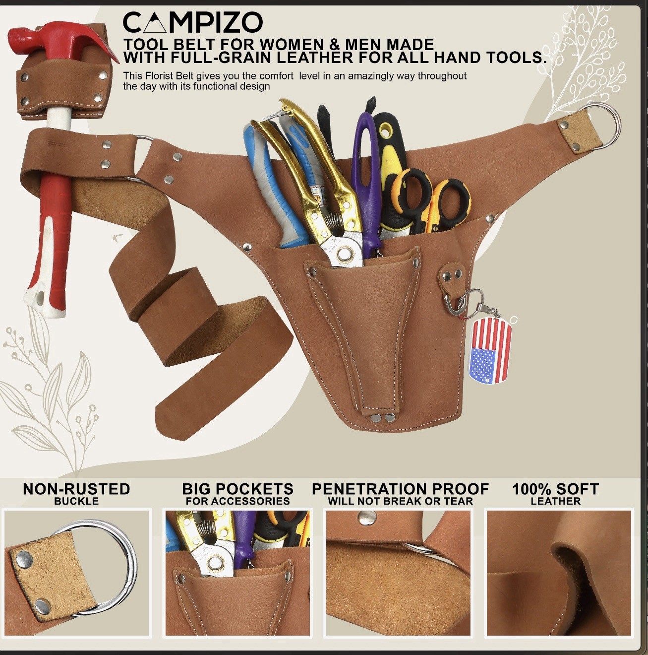 Leather Garden Tool Belt Utility Belt, Carpenter Electrician Tool Pouch Hammer