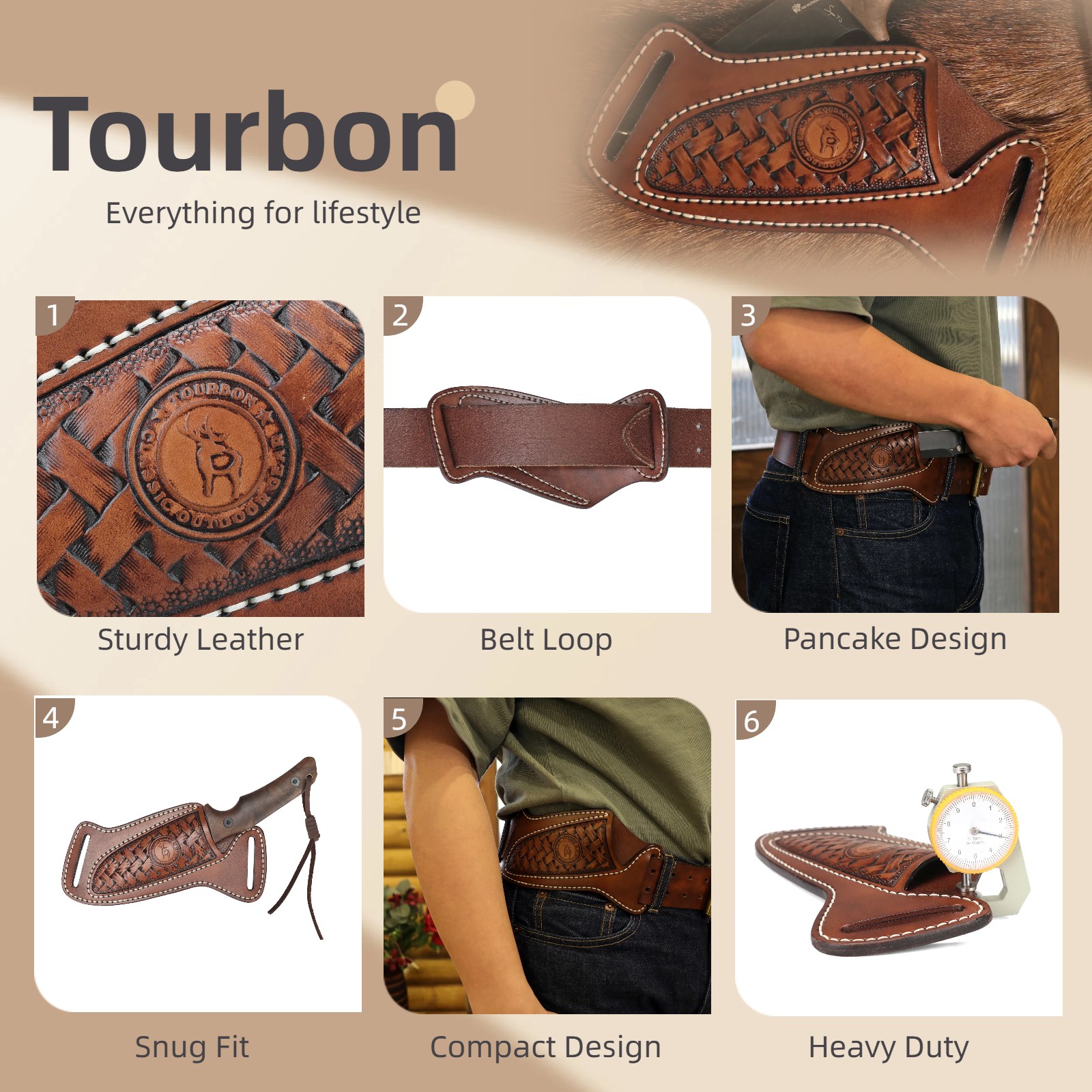 TOURBON Leather Fixed Blade Knife Sheath Belt Pouch EDC Knives Case Camping