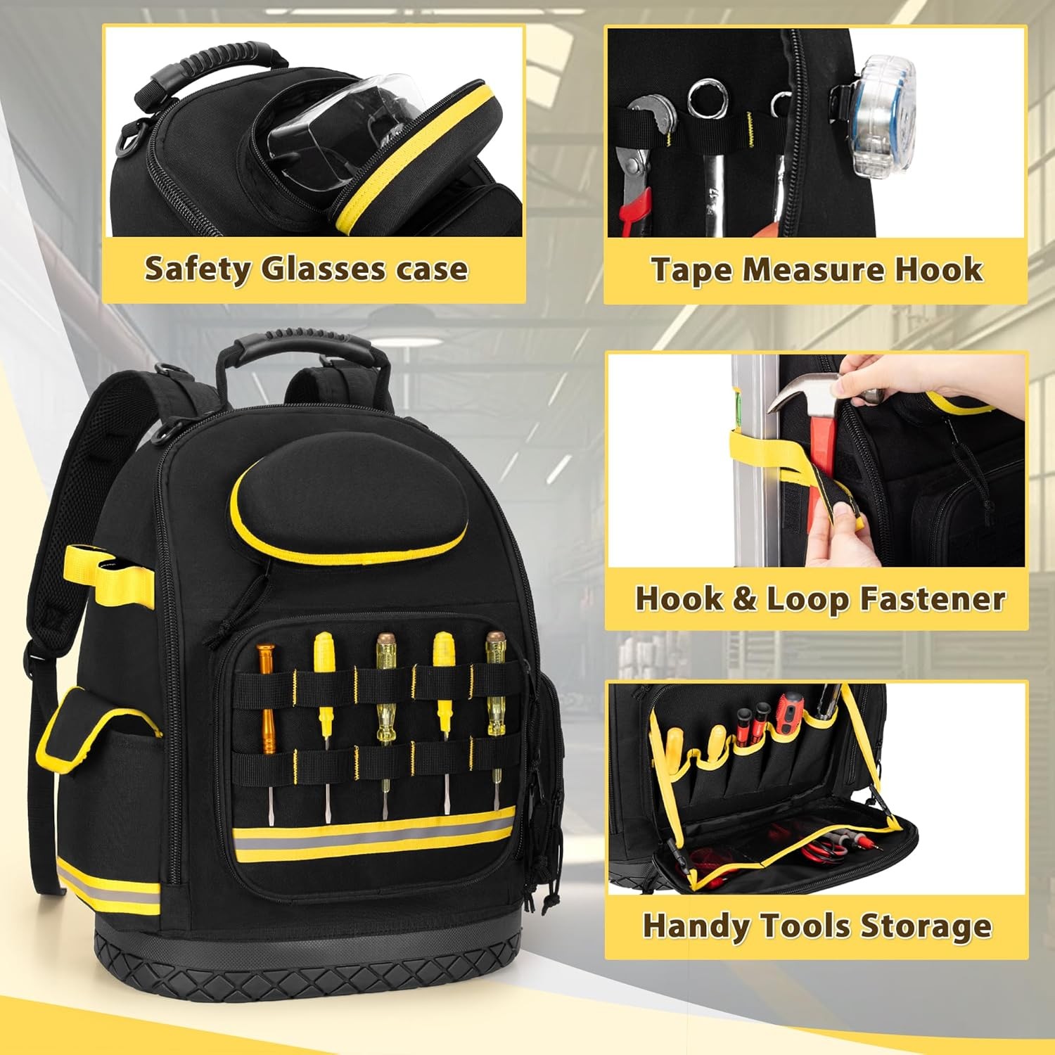 Tool Backpack with Hard Bottom and 3 Pouches, Heavy Duty Tool Organizer