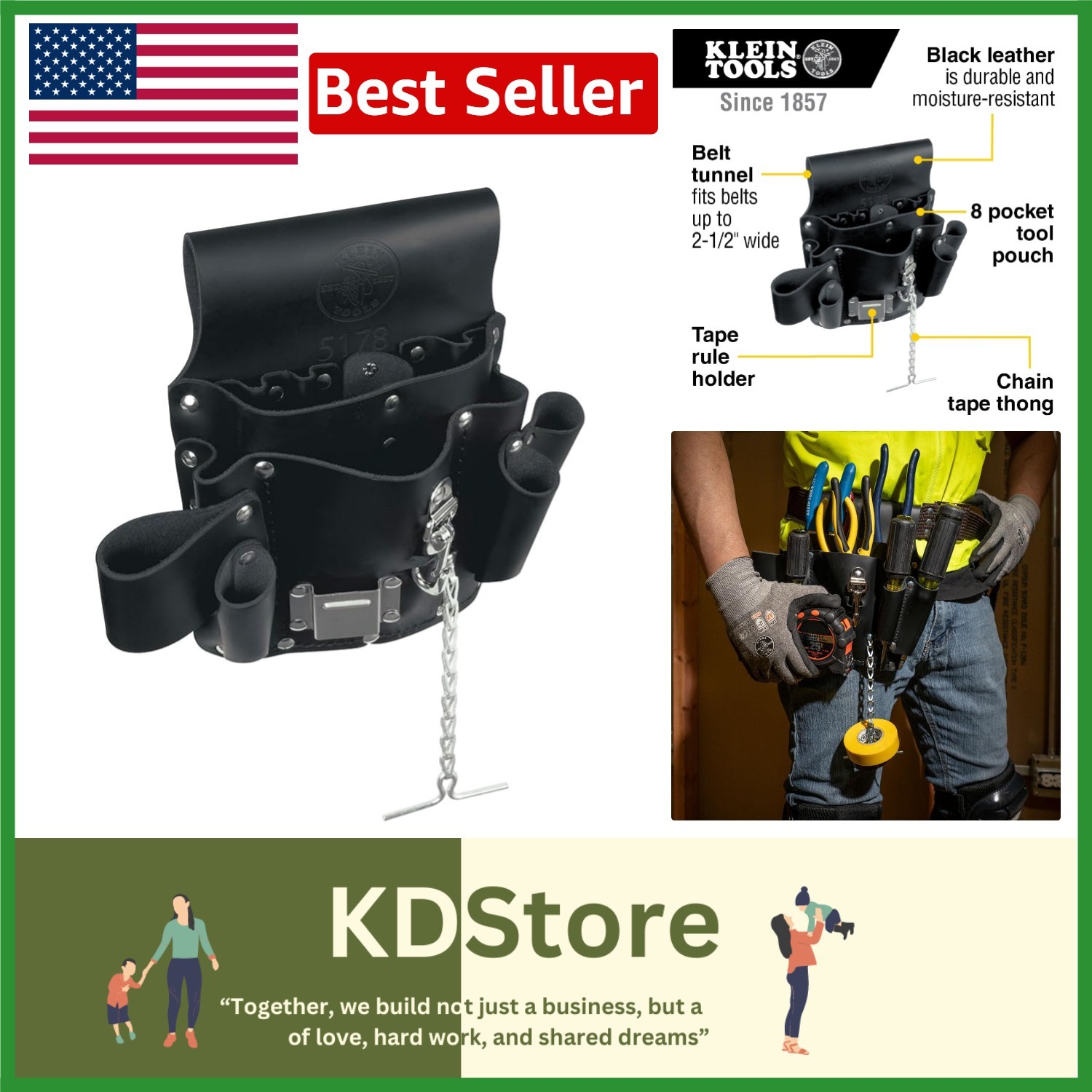 Klein Tools 5178 Leather Tool Pouch – 8 Pocket Black Organizer with Belt Loop