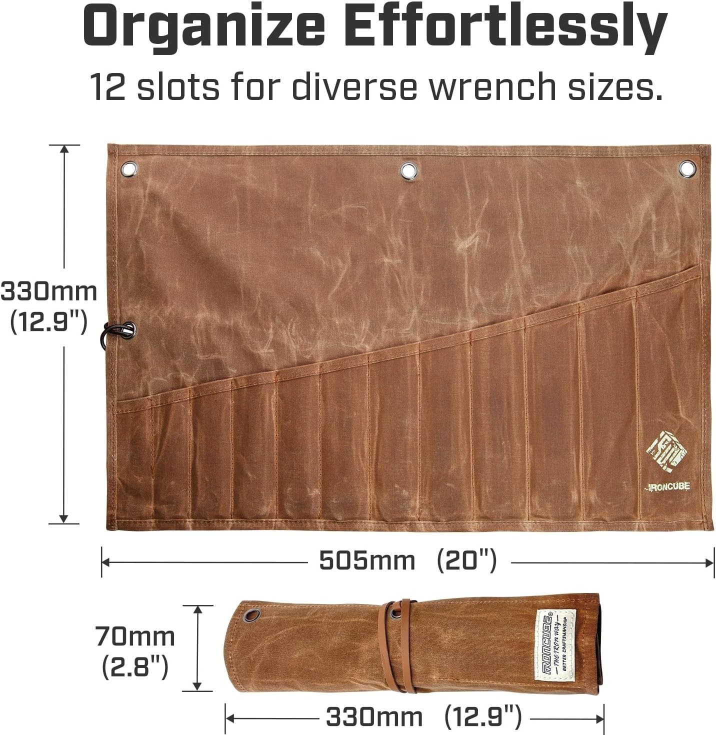Waxed Canvas Tool Pouch Roll-Up Organizer for Hand Tools & Wrenches, 12 Pockets