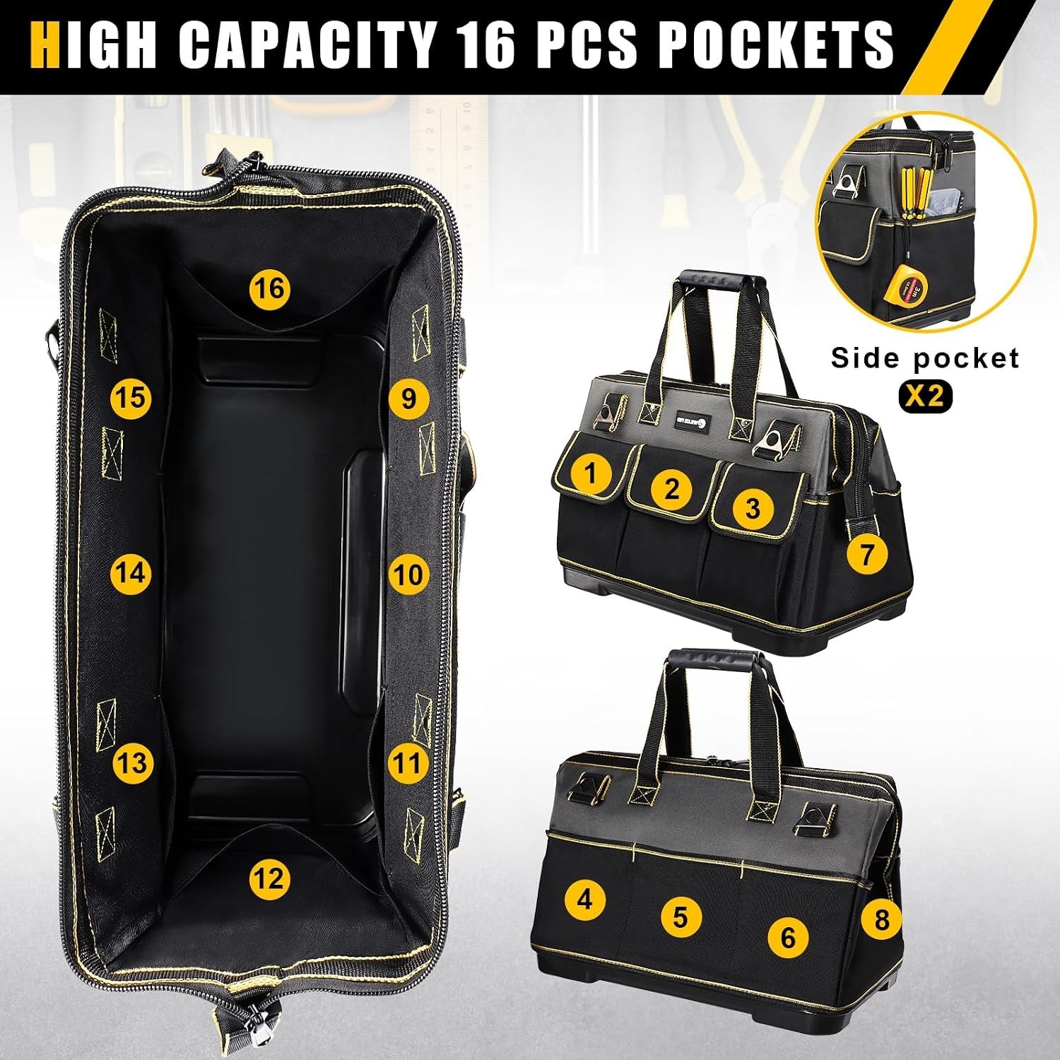 17 in Tool Bag For Men with Waterproof Molded Base, High Capacity Wide Mouth …