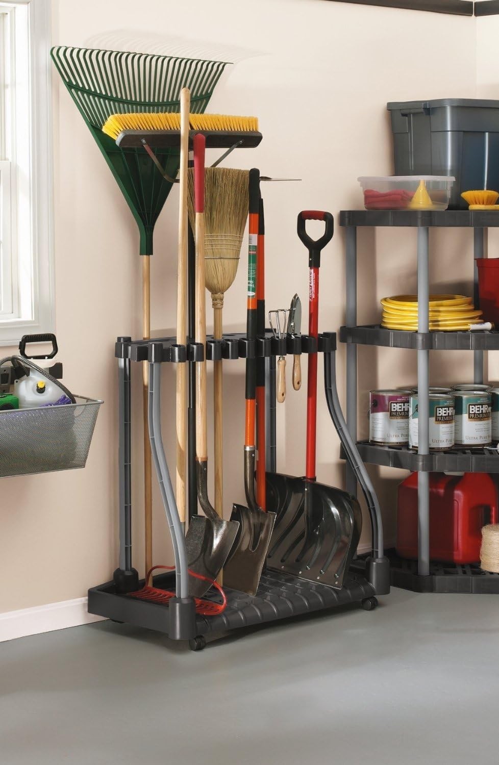 Garage Tool Tower Rack Easy to Assemble Wheeled Organizes up to 40 Long