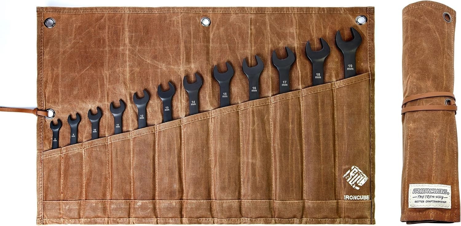Waxed Canvas Tool Pouch Roll-Up Organizer for Hand Tools & Wrenches, 12 Pockets