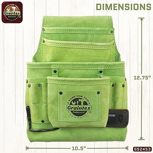 10 Pocket Nail & Tool Pouch, Suede Leather Tool Bag, Tool Belt for Lime Green