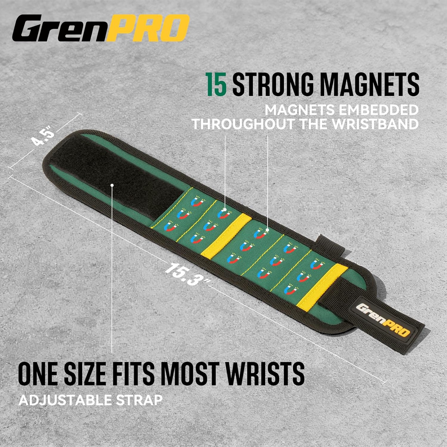 GRENPRO Magnetic Tool Wristband with 3 LED Flashlights Heavy Duty Oxford Belt fo