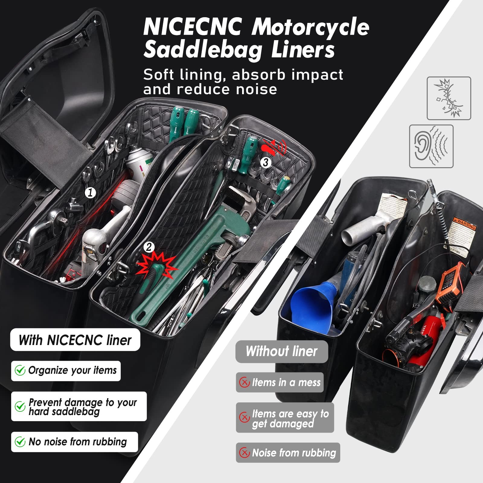 Motorcycle Saddlebag Liners 2PCS Non-Stretched PU Leather 4 Side Tool Pockets