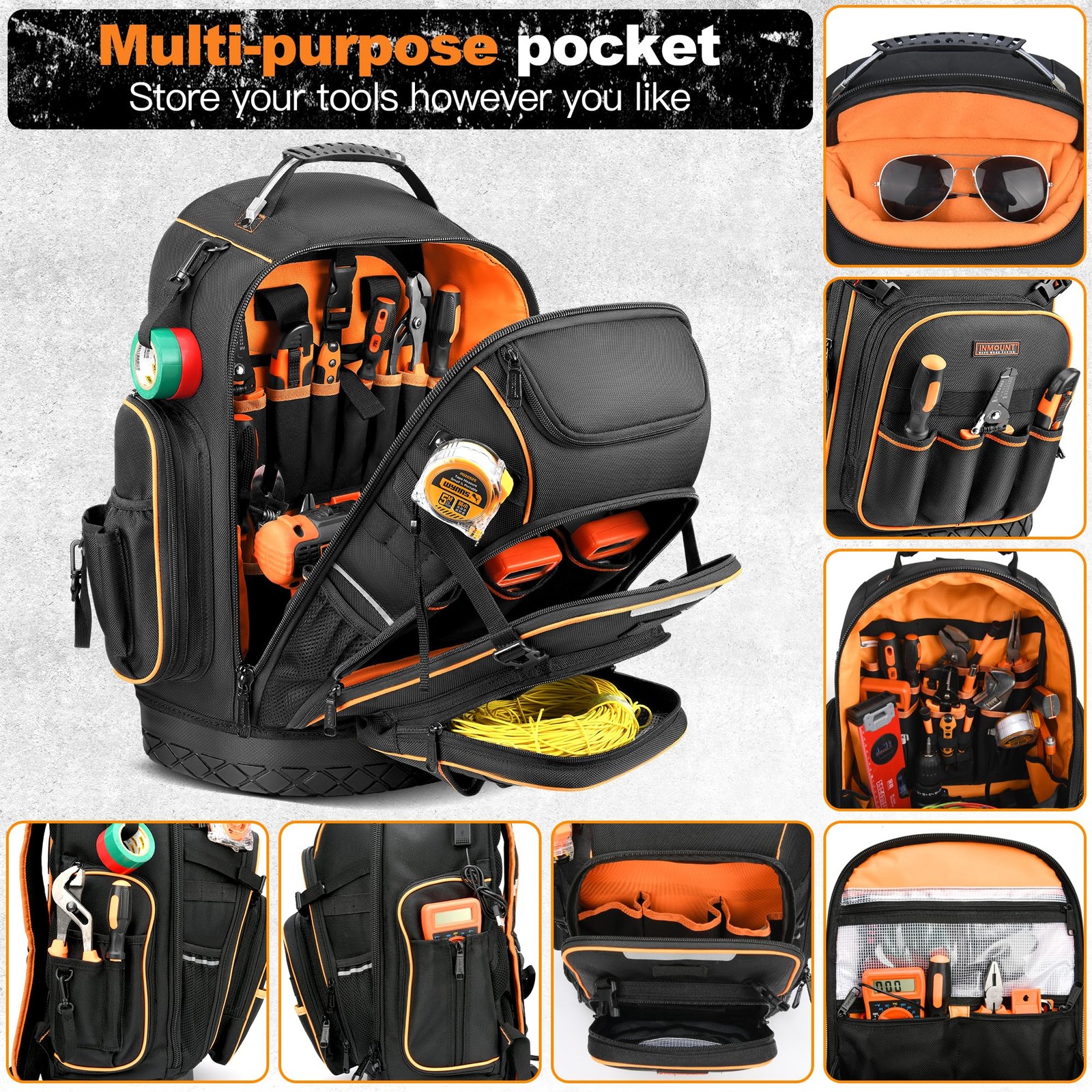 Tool Backpack, Heavy Duty Full Opening 14.6 x 7.8 x 19.7 inches, Basic Black
