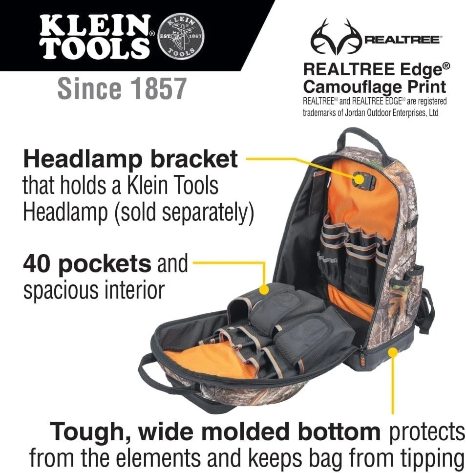 Klein Tools 62800BPCAMO Backpack Tool Bag Tradesman Pro Extra-Large 40-Pocket