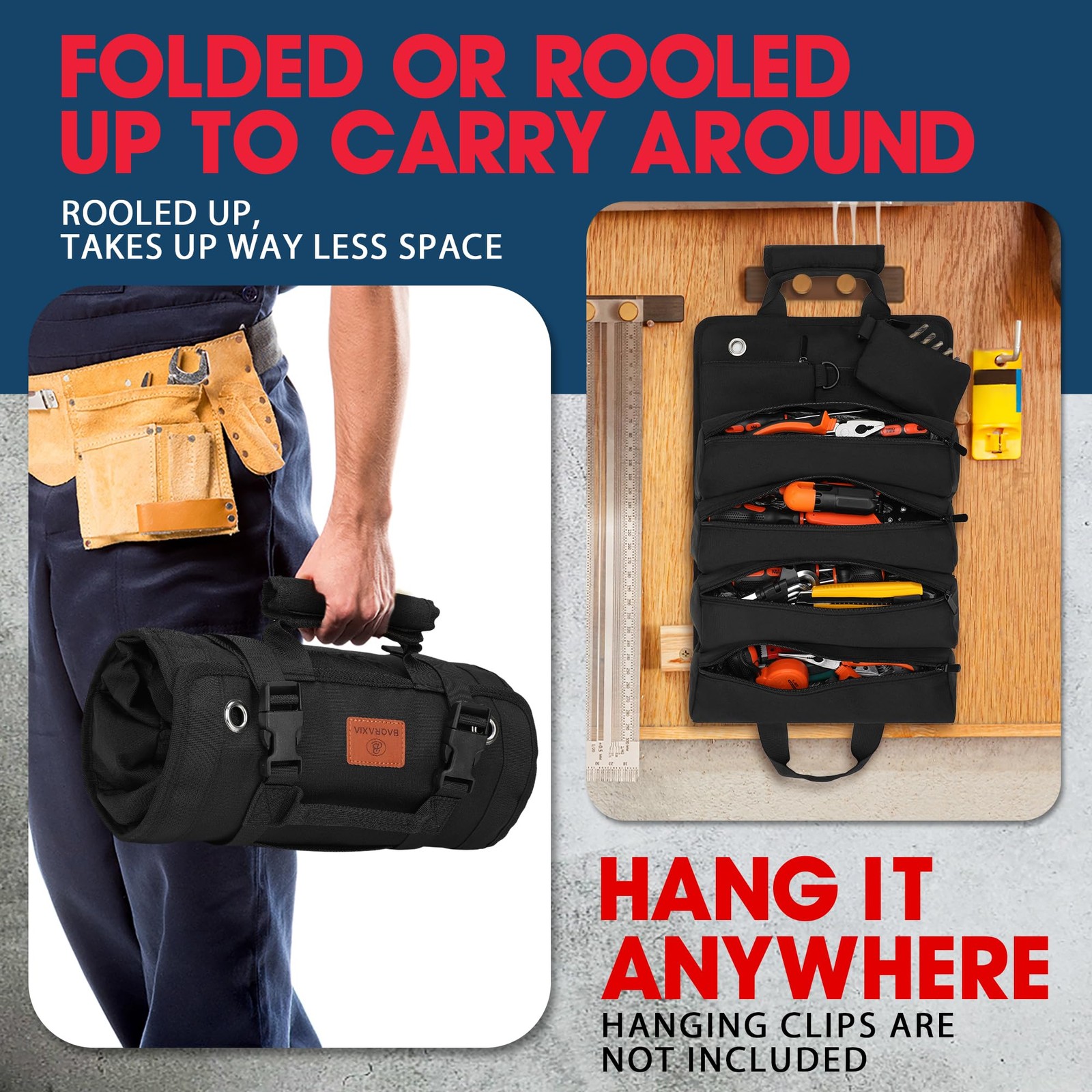 Roll Up Tool Bag Small Box Storage Heavy Duty Organizer 2 Detachable Pouch Blk