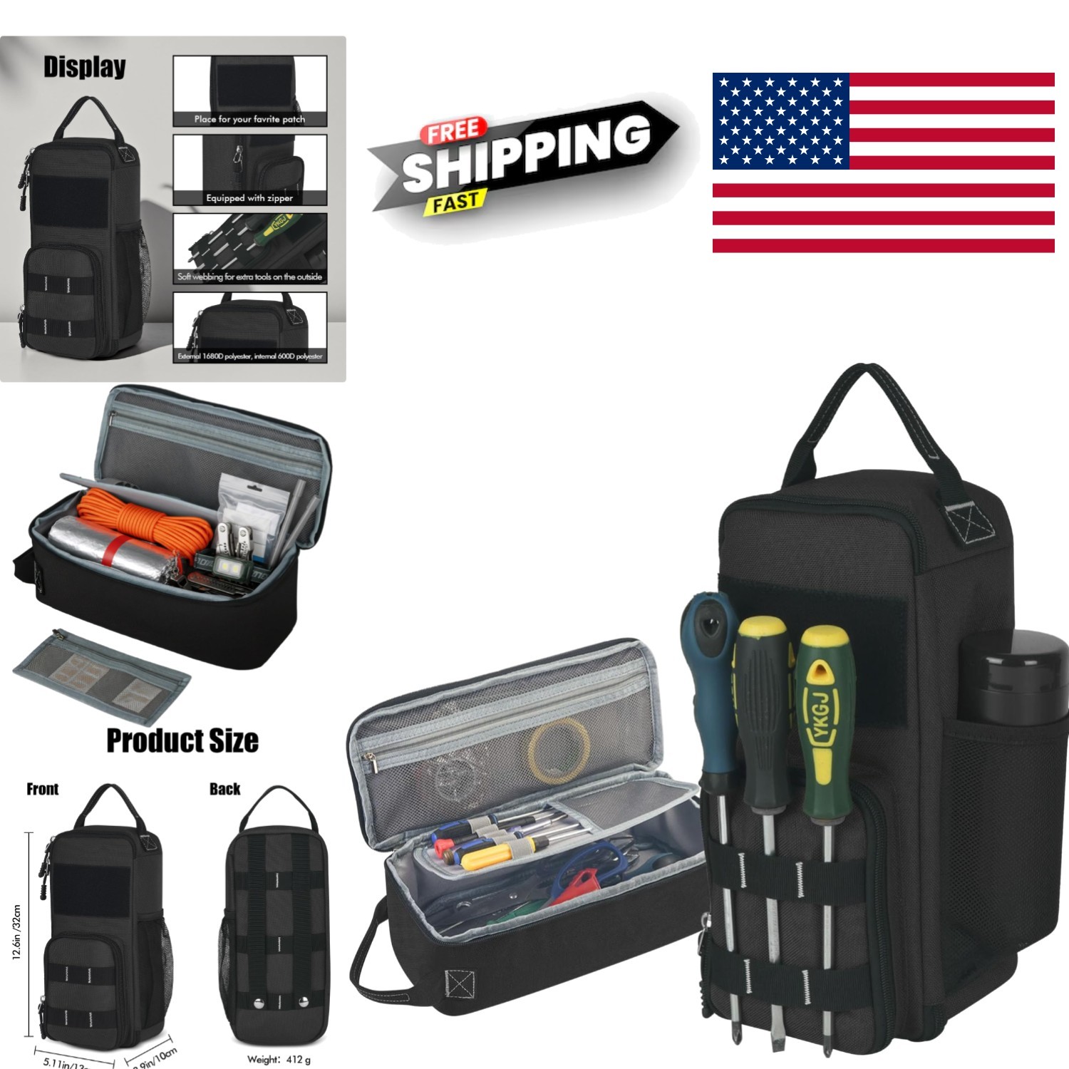 Multifunctional Tool Bag 12.6 Inch Black Waterproof for Tools and Accessories