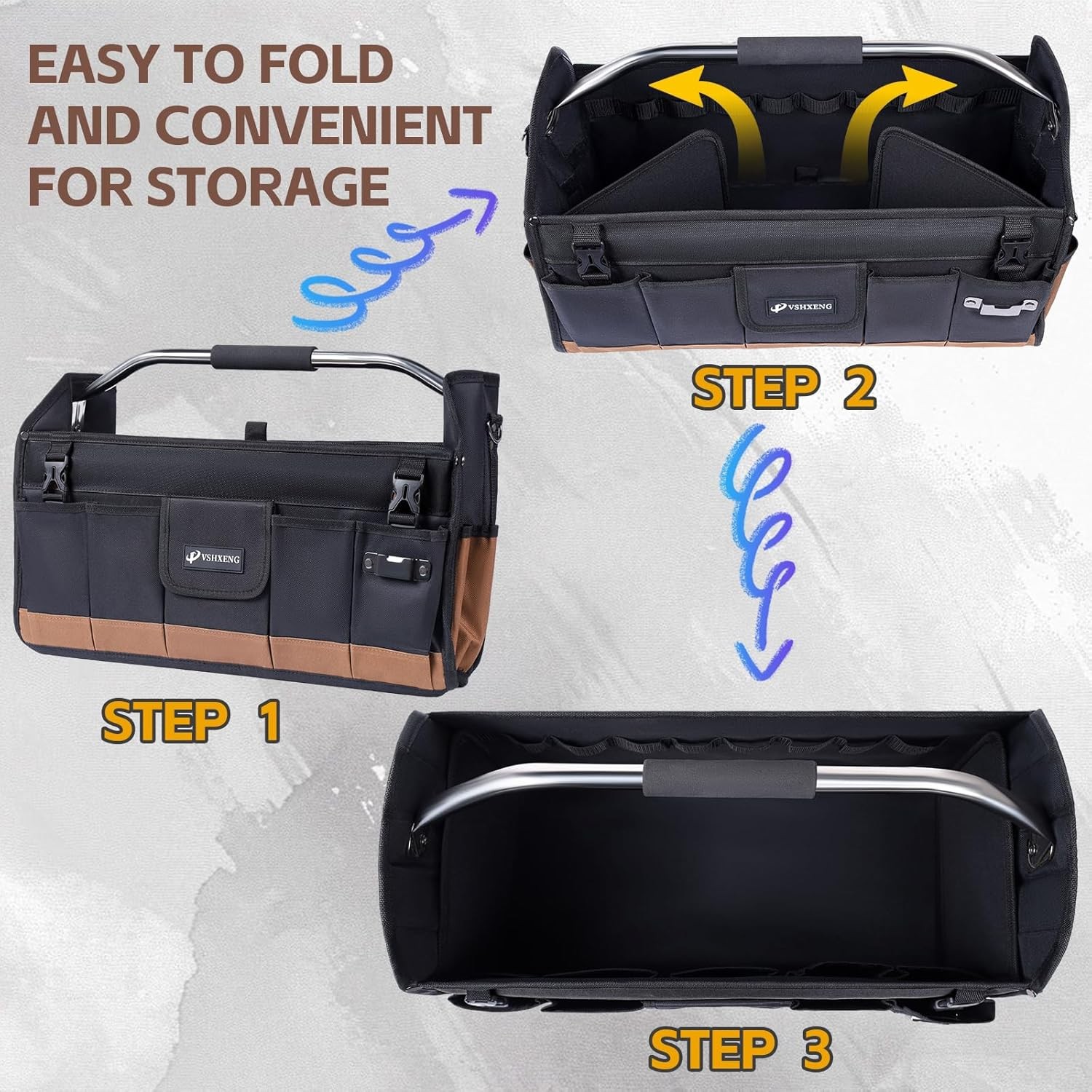 20 Inch Tool Bag, Foldable 19 Pockets Tool Tote Bags with Tool Organizer with Ad