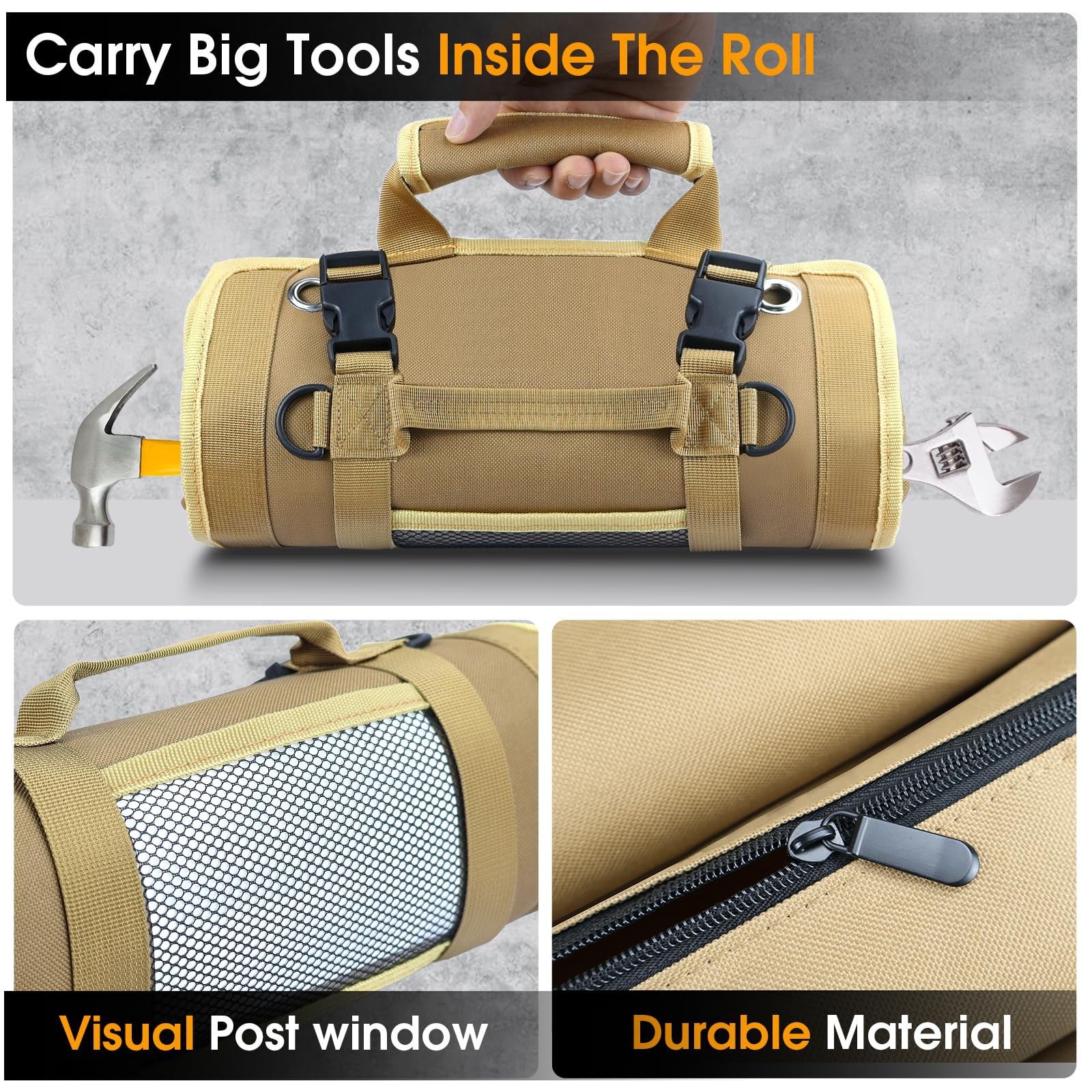 Heavy Duty Roll Up Tool Bag Organizer with Detachable Pouches Khaki
