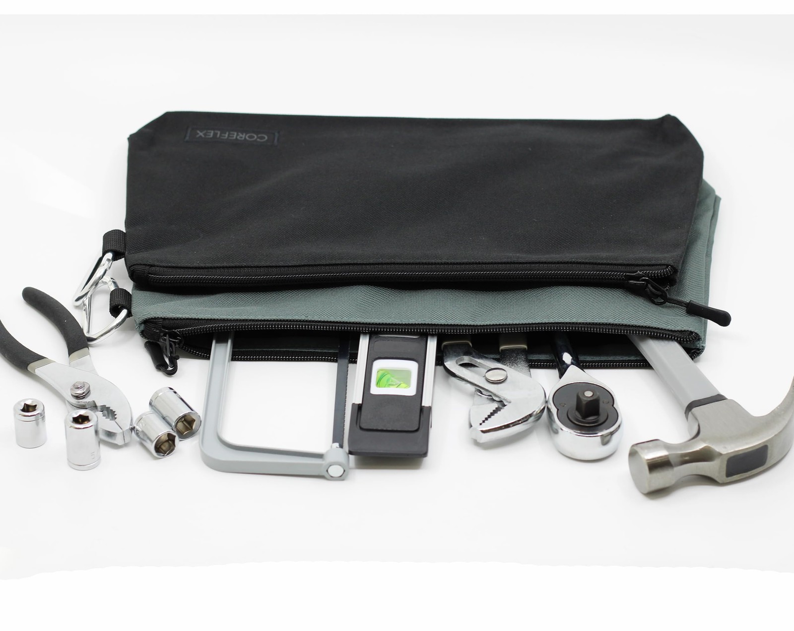 COREFLEX 2 Pack Premium Tool Pouch Zipper Bag 12X7X2, 2 Pack, Grey, Black